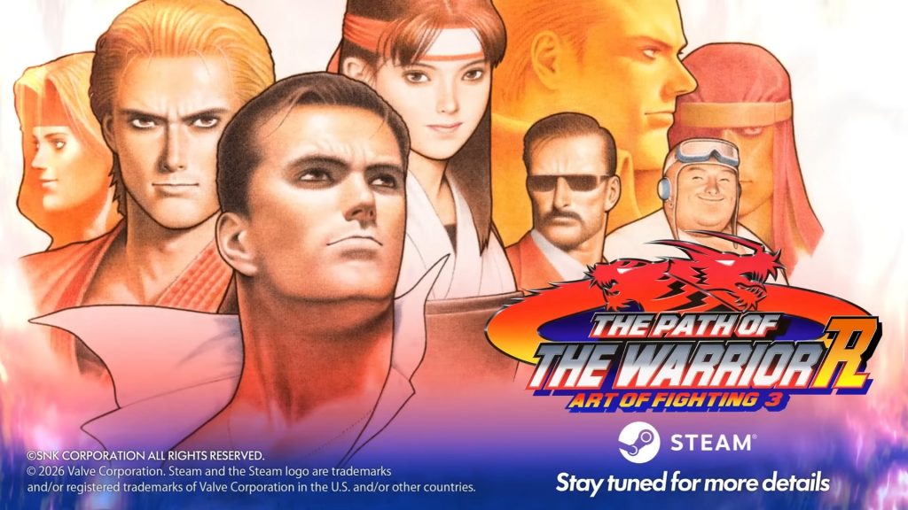 Colorful promotional illustration of martial artists in orange and red tones with a bold logo: 'The Path of the Warrior R: Art of Fighting 3'.