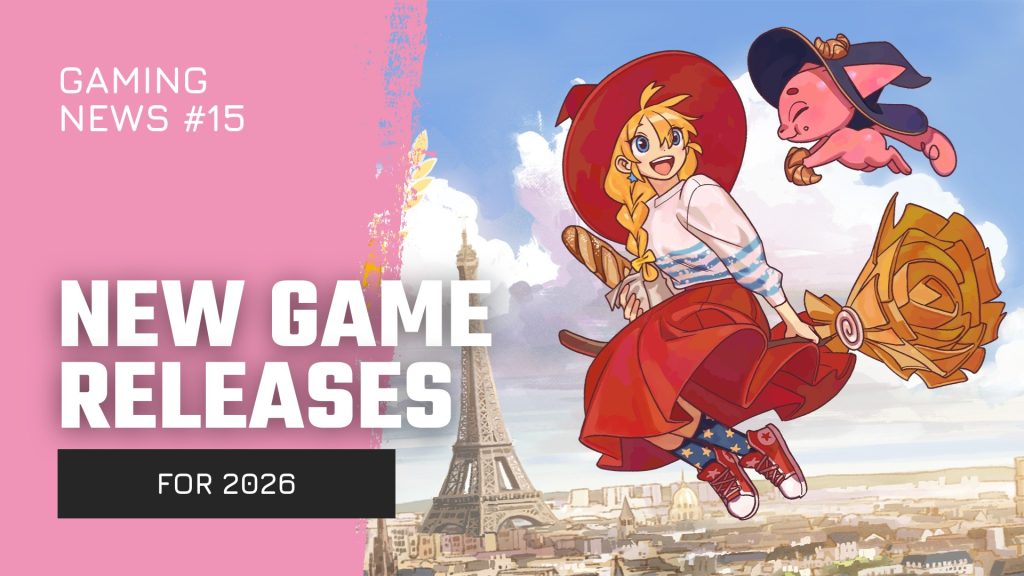 Banner announcing gaming news with a pink left panel and large white 'NEW GAME RELEASES' text, featuring anime-style characters over a Paris skyline.