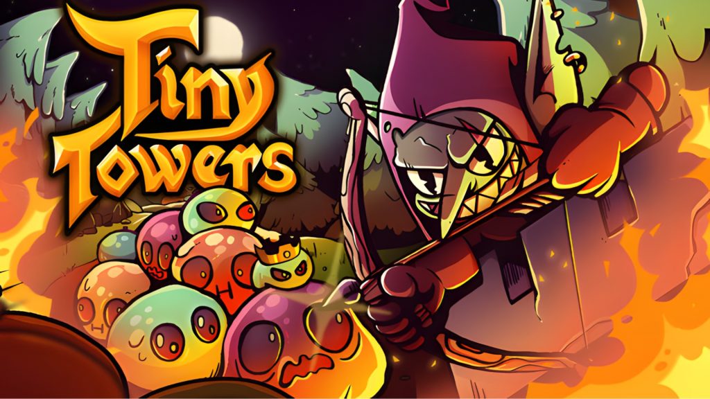 Game cover art for 'Tiny Towers' showing a fiery knight with a sword fighting colorful, egg-like creatures amid flames and a forest backdrop.