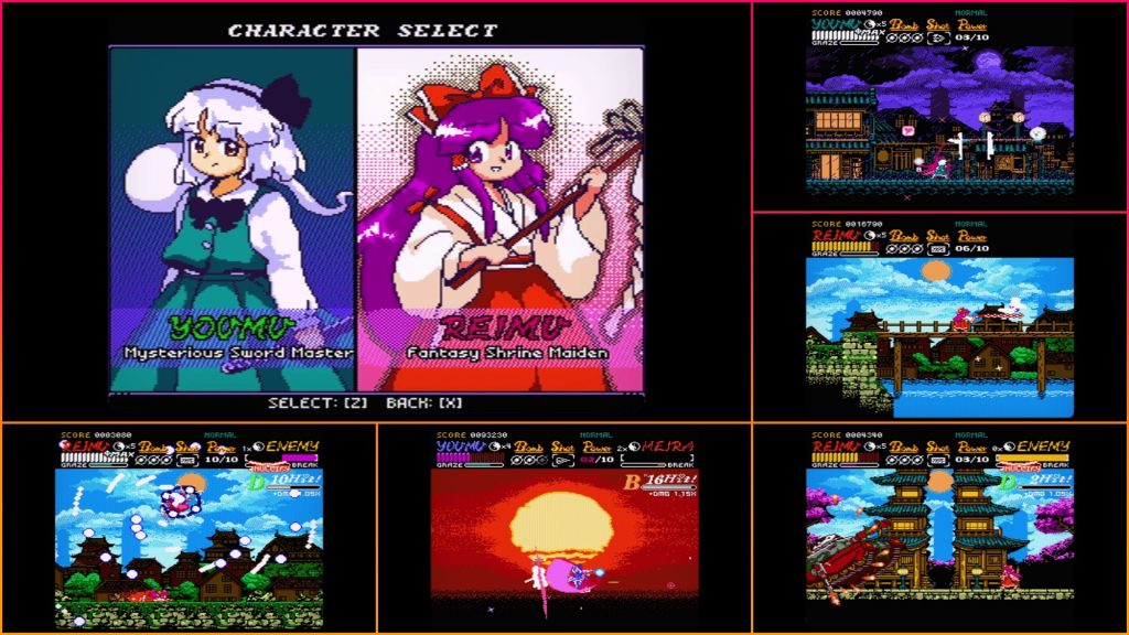 collage of retro game screenshots showing a character select screen on the left and multiple gameplay frames on the right and bottom, with pixel art titles and captions