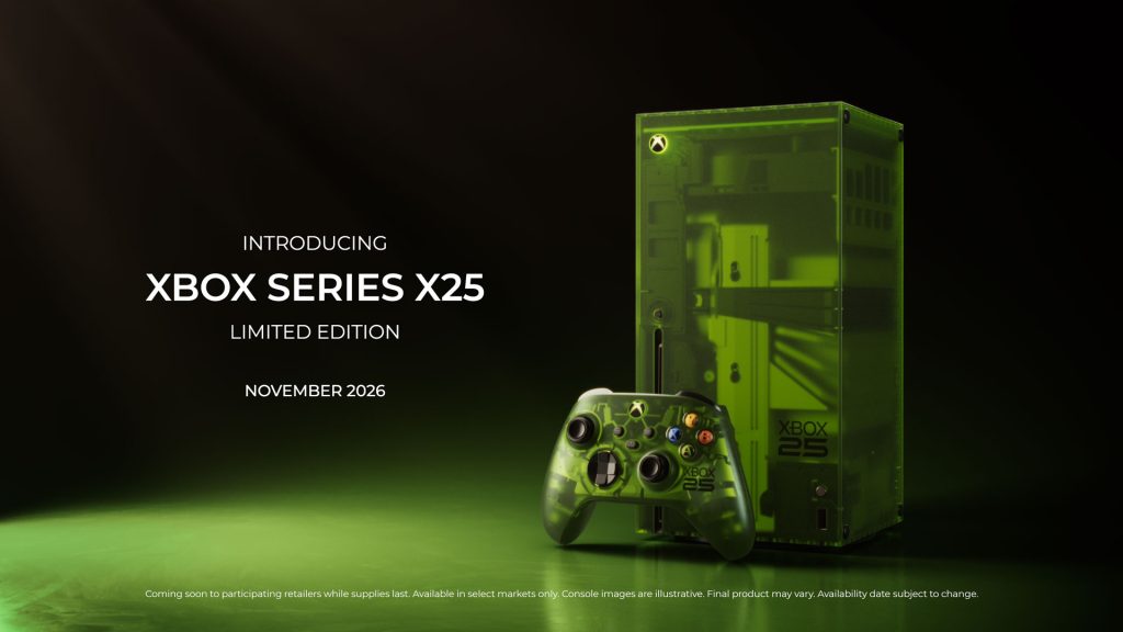 Promotional image for Xbox Series X25 Limited Edition showing a green-tinted console and controller on a dark background with release date November 2026.