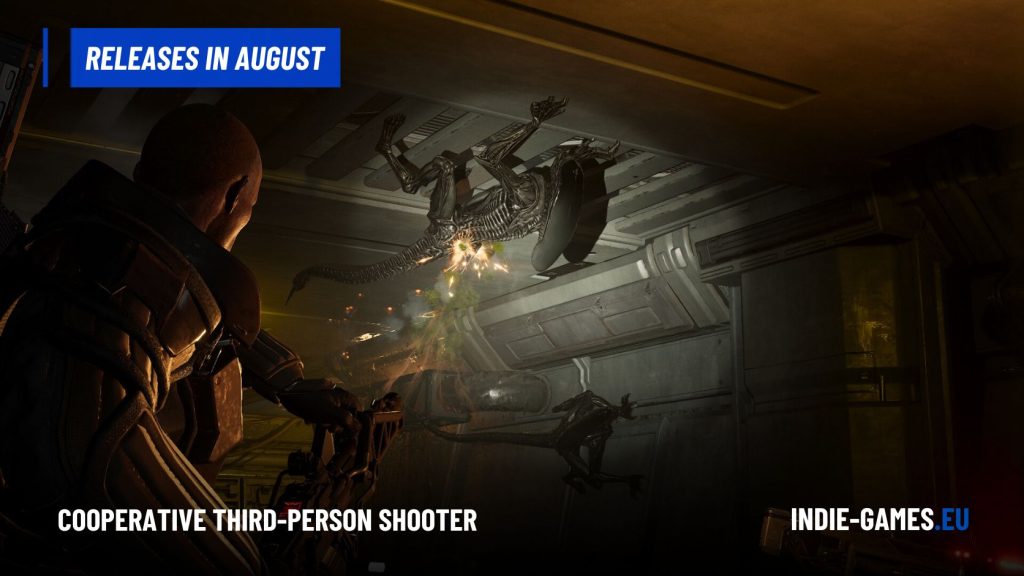 Sci‑fi shooter poster: a armored player battles a metallic alien in a dim spaceship corridor with a blue 'Releases in August' banner at the top.