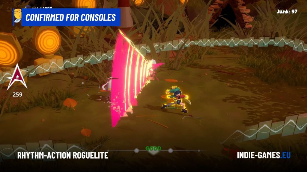 Action shot from a rhythm-action roguelite: a character runs toward a glowing pink energy shield in a jungle arena, with a blue 'CONFIRMED FOR CONSOLES' banner and score UI visible on screen.