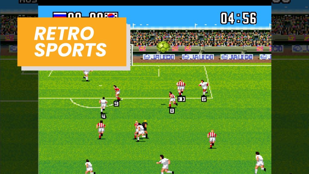 Retro pixel soccer game scene with players on a green pitch and a large orange 'RETRO SPORTS' banner overlay on the left side.