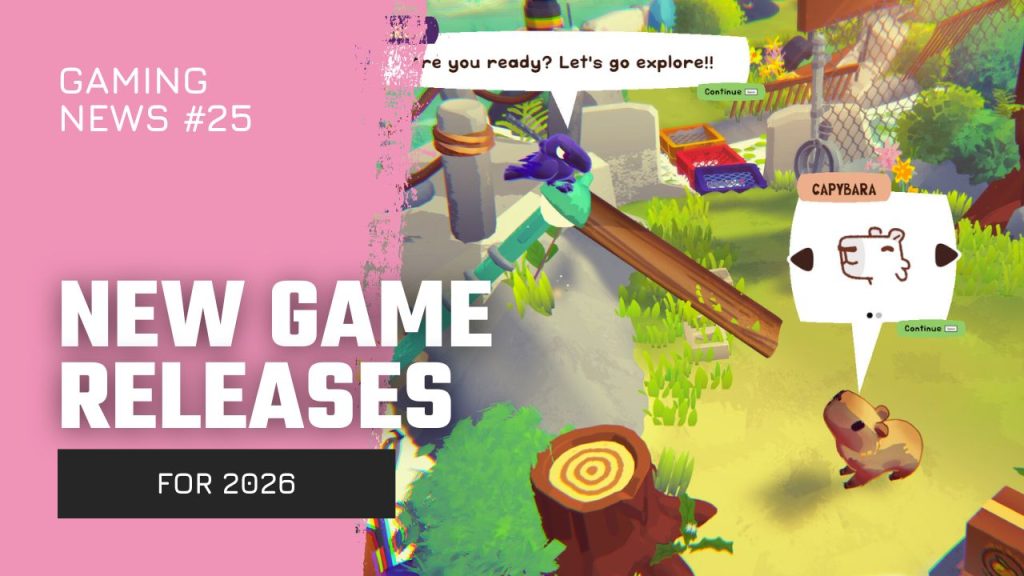 Split-cover style image for a gaming news post: left pink panel with bold text 'NEW GAME RELEASES FOR 2026'; right shows a colorful 3D game scene with a character swinging a bat and a white speech-bubble creature, conveying a 'new releases' theme.