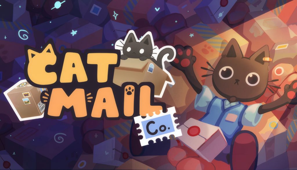Playful cartoon banner with orange letters spelling 'CAT', a gray kitten peeking from a box, and a brown cat waving on the right among colorful blocks.