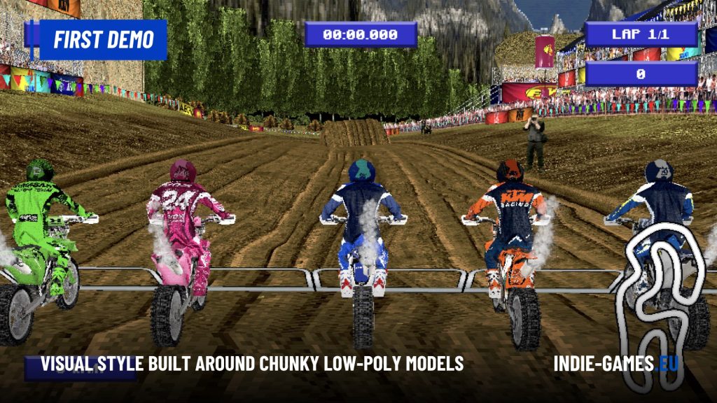 Five colorful motocross riders sit on their dirt bikes at the starting line, viewed from behind on a muddy track with banners and crowd in a stadium setting.