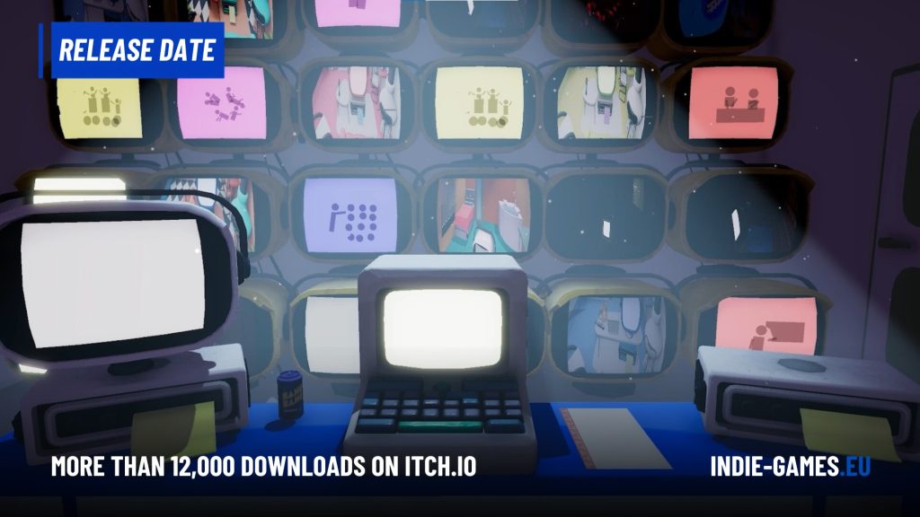 Room filled with numerous old CRT monitors displaying colorful icons and scenes, with a central vintage computer on a blue desk and a blue 'RELEASE DATE' banner in the top-left corner.