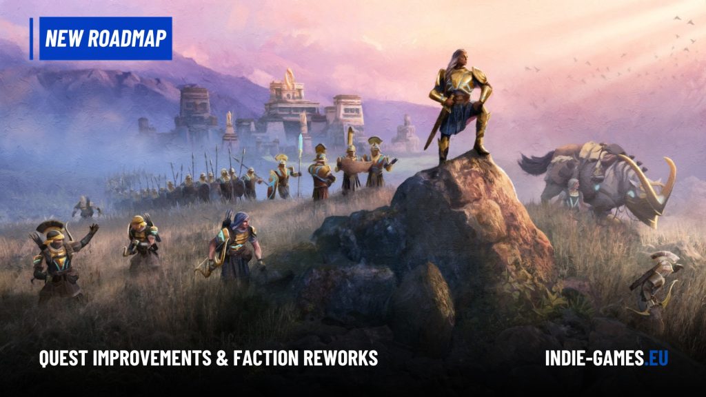 Epic fantasy battle scene: hero in gold armor stands on a rock while soldiers march and a dragon lurks nearby, with the banner text 'Quest Improvements & Faction Reworks'