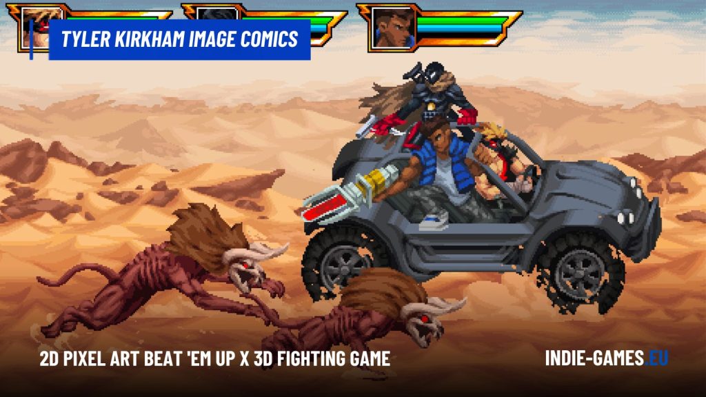 Pixel-art beat-'em-up scene: a masked rider in a rugged jeep fights two horned monsters across a desert landscape, banners and site logos visible in the frame.