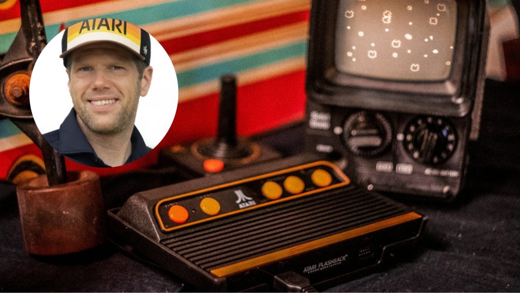 Portrait of a man in a yellow Atari cap superimposed on a vintage Atari Flashback console and joystick.