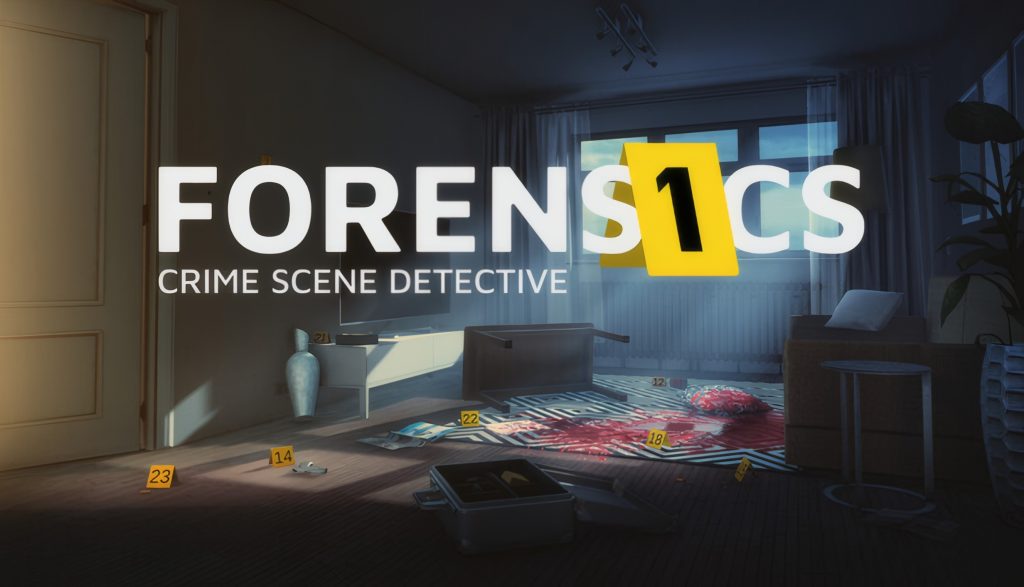 Crime-scene setup in a living room with a large FORENSICS sign on glass wall and yellow evidence markers laid across a striped rug.