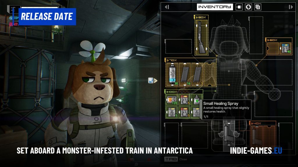 Cartoon dog-astronaut in a sci‑fi station, with the game's inventory UI visible on the right.