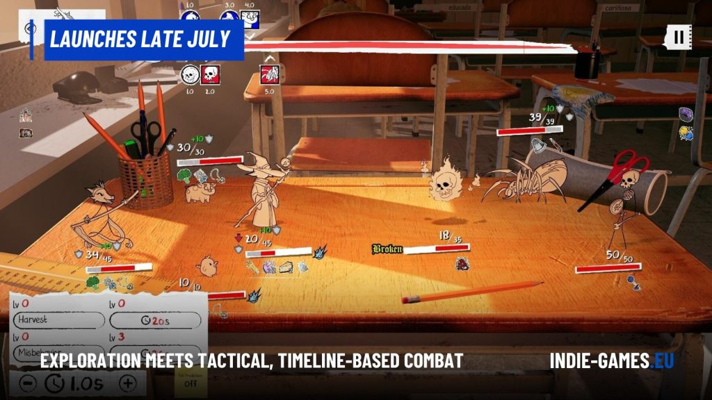 Screenshot of a tactical RPG battle on a classroom desk, with cartoon fighters, health bars, and icons visible on the HUD.