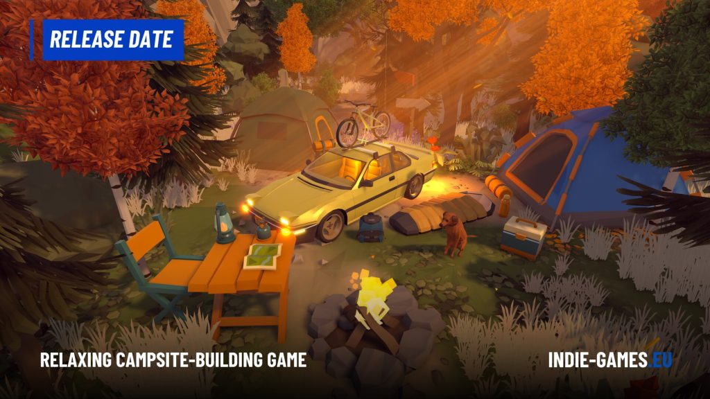 Relaxing campsite in an autumn forest: yellow car with a bike on top, tents, campfire, and camping gear scattered around. Promotional text at bottom corners for a game site.