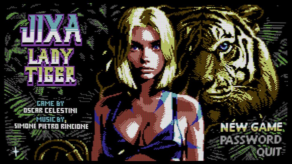 8-bit game cover showing a blonde woman in blue, with a tiger’s face behind her and the title Lara Lady Tiger in neon letters