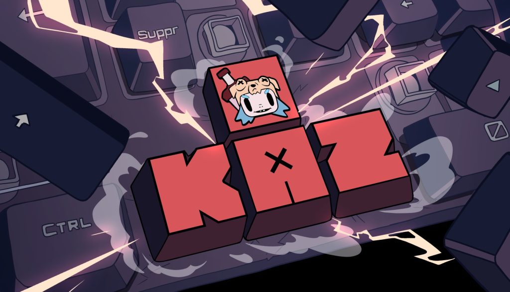 Red voxel character with a dog-like head perched on stacked red cubes amid a chaotic, lightning-filled keyboard scene.