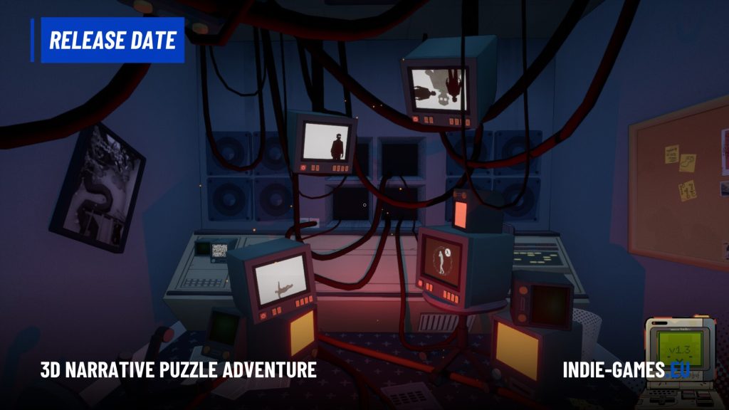Dim control room filled with old CRT monitors and tangled red cables, silhouettes on screens, a blue banner that says 'RELEASE DATE'.