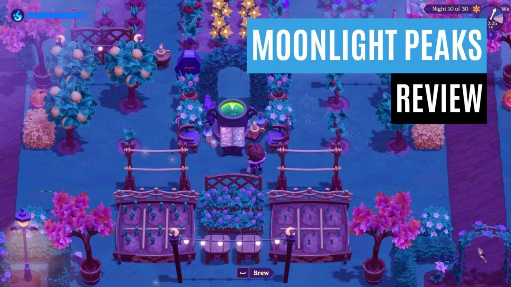 Thumbnail of a Moonlight Peaks review video: a purple-toned garden puzzle scene with bridges, glowing plants, and a brewing contraption in the center.