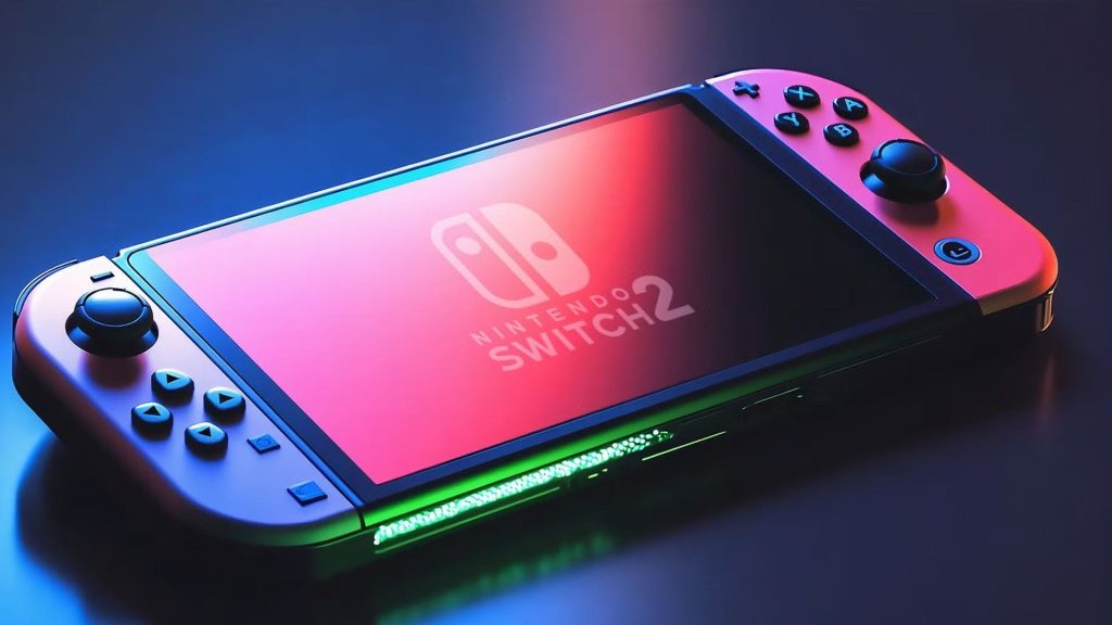 Nintendo Switch Lite handheld console in blue and pink neon colors, screen showing the logo.