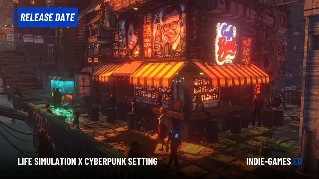 Cyberpunk street market at night with neon signs, striped orange canopies, and people near a dock by the water.