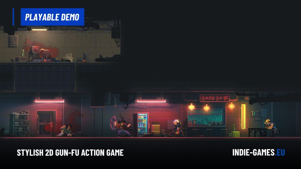 Pixel-art banner for an indie game: neon-lit underground bar scene with a blue 'Playable Demo' badge.