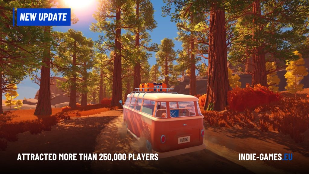 Indie game promo: orange vintage van driving through a sunlit forest with a blue NEW UPDATE banner in the top-left corner.