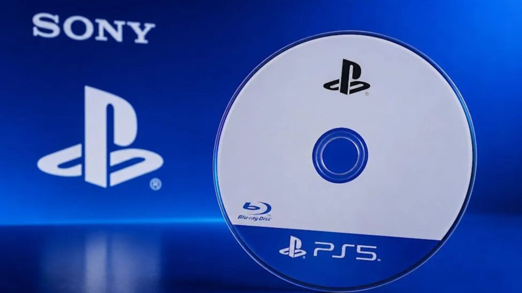 PS5 Blu-ray disc on a blue Sony backdrop, showing the PlayStation logo and 'PS5' label at the bottom left corner.