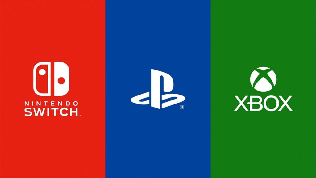 Nintendo Switch, PlayStation, and Xbox logos displayed on red, blue, and green vertical panels respectively.