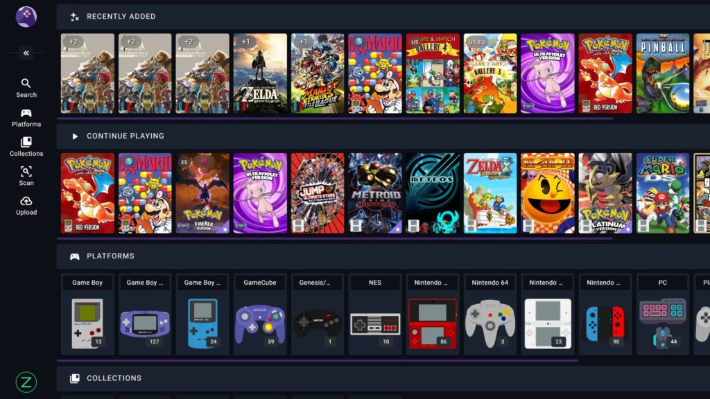 Dark game library interface showing sections for Recently Added, Continue Playing, Platforms, and Collections with many game covers across rows and a left navigation rail.