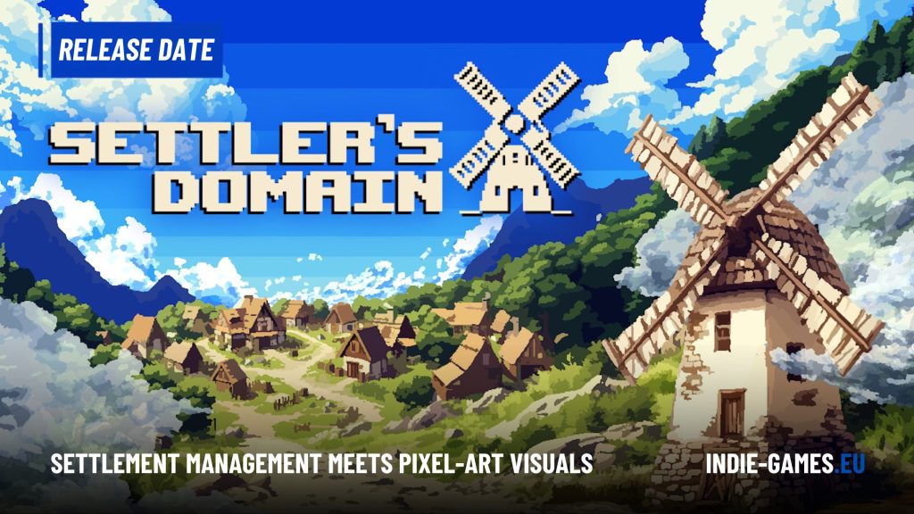 Pixel-art game cover with a windmill, village, and mountains; blue sky and a 'Release Date' banner, tagline reads 'Settlement Management Meets Pixel-Art Visuals'.