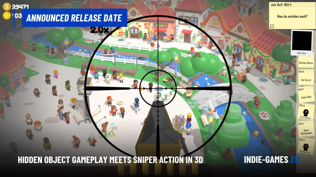 Cartoon town square seen through a sniper scope overlay, with a blue 'Announced Release Date' banner across the top.