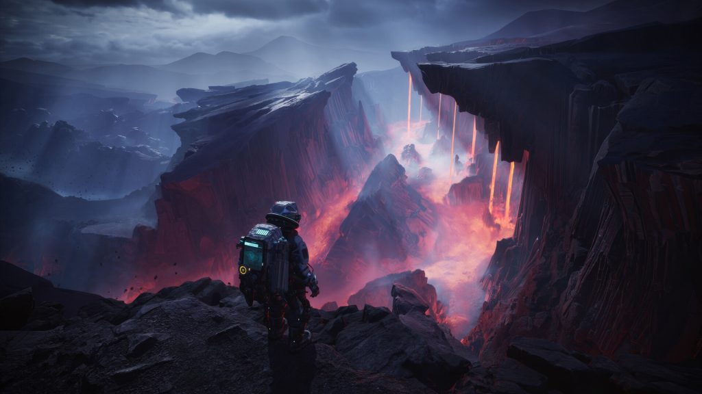 Astronaut in a rugged suit stands on dark rocks overlooking a lava-filled canyon with glowing lava streams.
