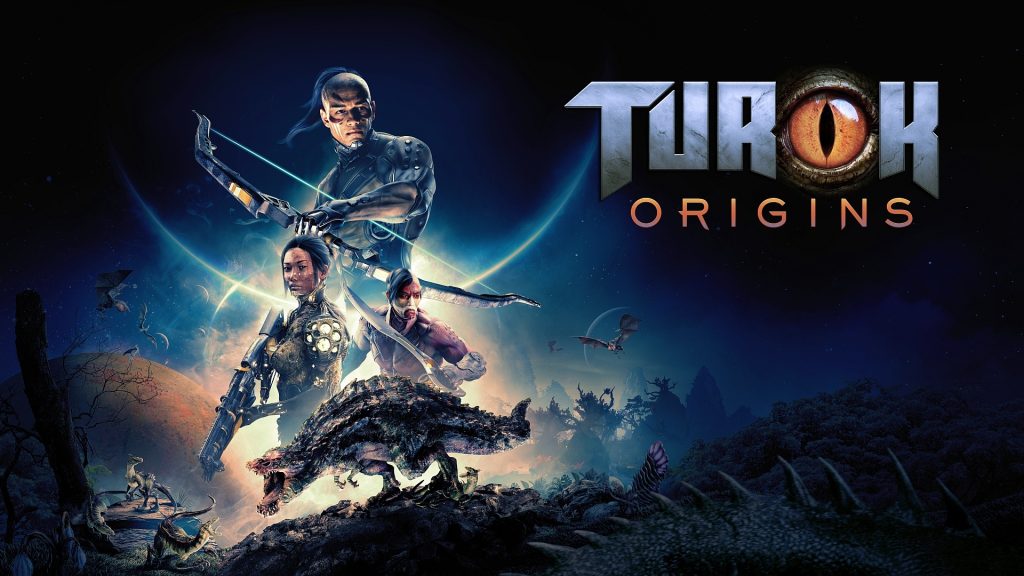 Epic sci‑fi game cover with armored warriors fighting dinosaurs on an alien landscape under a starry sky, logo reads 'Origins'