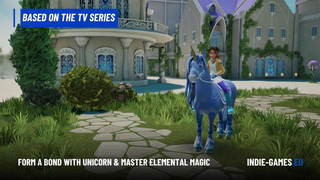 Girl rides a blue unicorn through a fantasy courtyard with ivy-covered walls and a stone path, overlaid with a blue 'Based on the TV Series' banner.