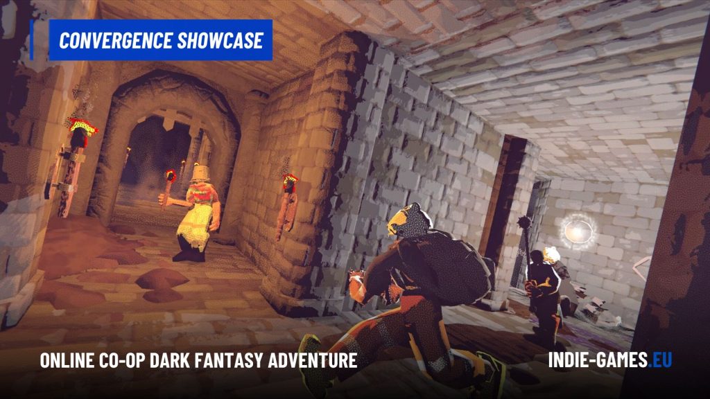 Banner for Convergence Showcase: a co-op dark fantasy dungeon scene with torch-lit adventurers and stone arches.