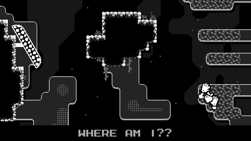Monochrome pixel-art platformer scene with white-bordered platforms, a small character at the bottom-right, and the caption 'WHERE AM I?'