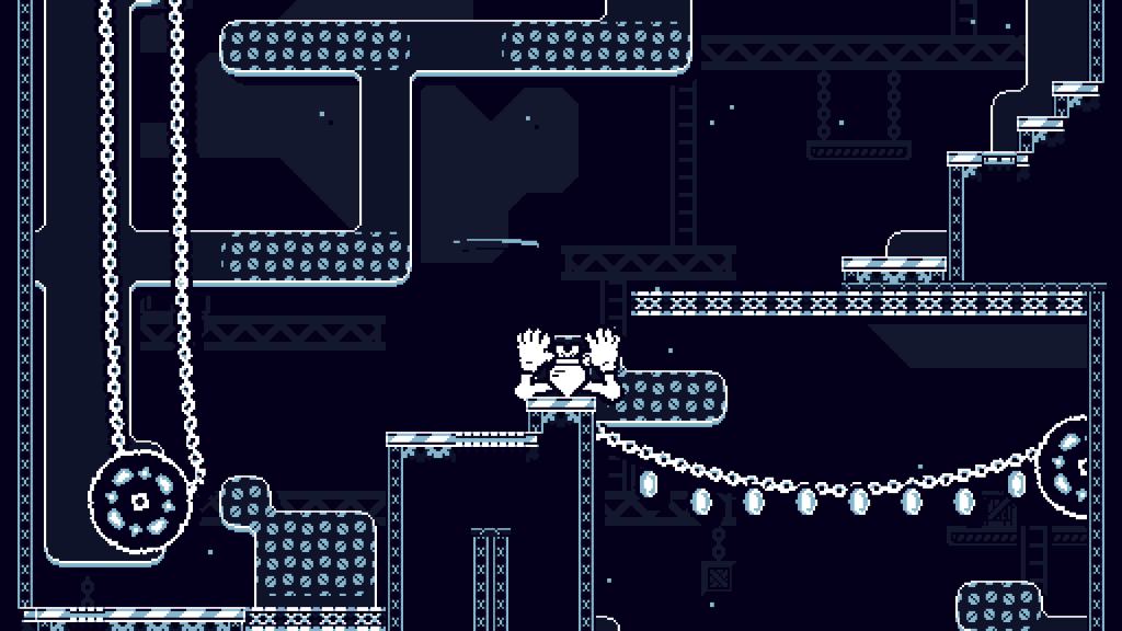 Pixel art platformer: small white character with raised hands on a blue patterned platform amid chains and ladders.