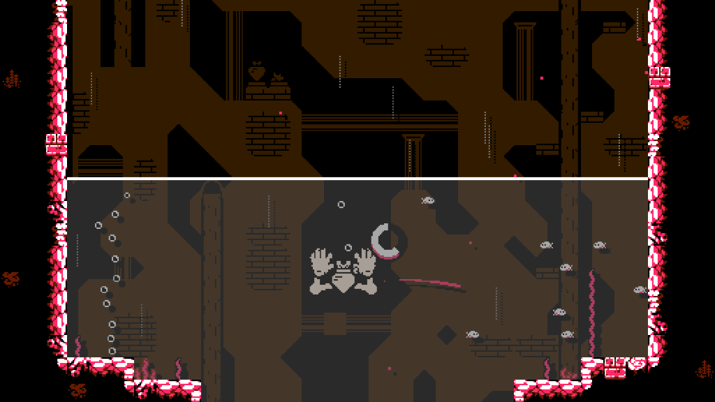 Screenshot of a retro pixel-art platformer level: brown cave walls, platforms, pillars, and ladders with a pink crystalline border on both sides; a dark lower chamber with enemies.