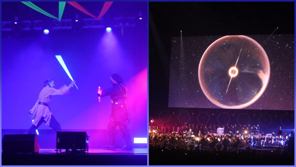 Left panel: two performers duel with glowing blue light sabers on a purple-lit stage.