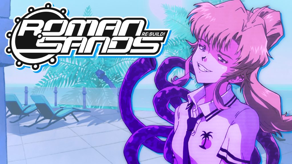 Ronin Sharks logo on the left with a pink-haired anime-style character by a poolside, tropical plants in the background.