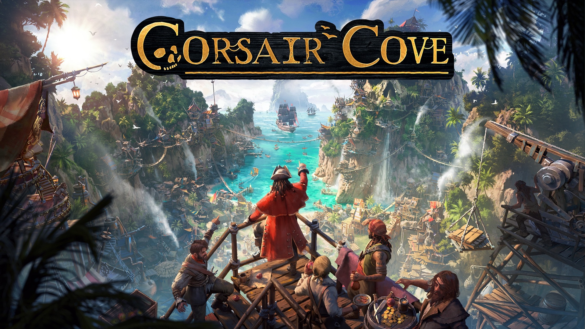 Corsair Cove game banner showing a tropical pirate harbor with ships in turquoise water and characters on a wooden lookout above a bustling canyon town.