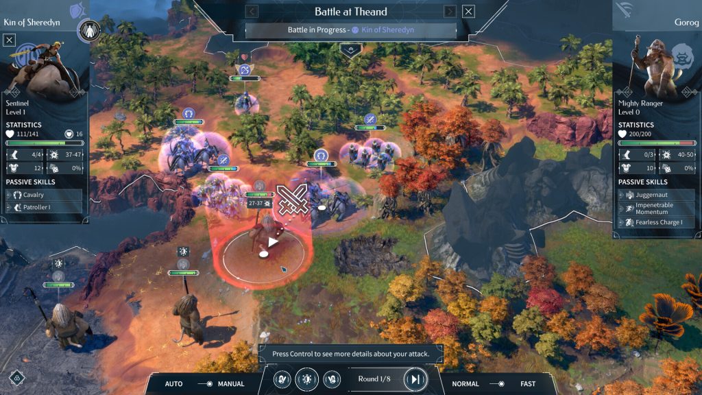 Screenshot of a fantasy strategy battle showing multiple units clashing on a forested map, with left and right UI panels detailing Kin of Sheredyn and Gorog units, health, stats, skills, and portraits; a central battle header reads 'Battle at Theand' with 'Battle in Progress' status.
