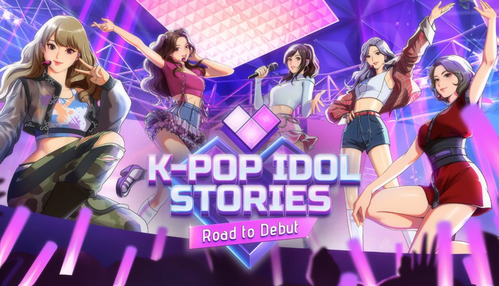 Five young female K-pop idols performing on a neon-lit stage with purple-pink lights.