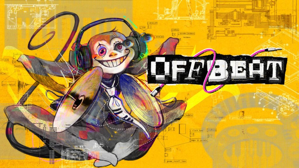 Cartoon monkey with oversized headphones playing a guitar on a bright yellow techy background with an OFF BEAT logo nearby.