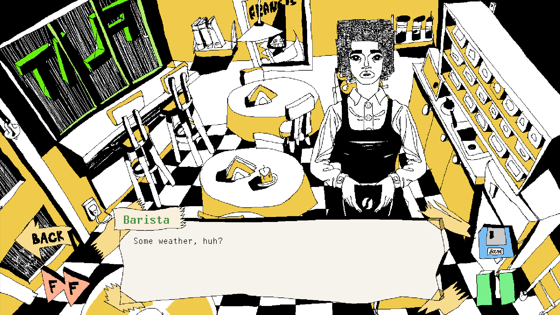 Barista standing behind a counter in a quirky yellow-and-black cafe illustration, with a sign that says Barista.